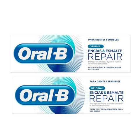 Oral-B Duplo Gums & Enamel Repair toothpaste set with two 100ml tubes, featuring the Jag Couture London - New York branding.