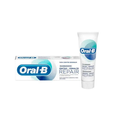 Oral B toothpaste for gum and enamel repair in a 75+25ml tube, displayed with packaging from Jag Couture London - New York.