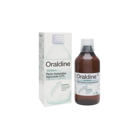 Oraldine Perio Chlorhexidine Mouthwash 0.2%, 400ml bottle by Jag Couture London New York, featuring a clear label on a white bottle.