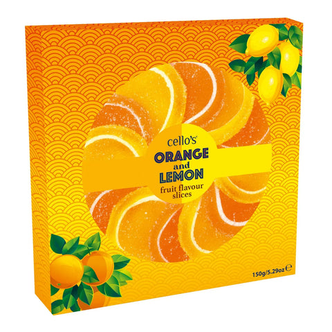 Assorted orange and lemon jelly slices in a gift box from Jag Couture London New York. Bright, colorful citrus-shaped candies.