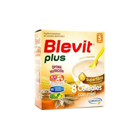 Ordesa Blevit Papilla Plus 8 Cereals with Honey Superfiber, baby cereal in a colorful bowl with cereal flakes and honey.
