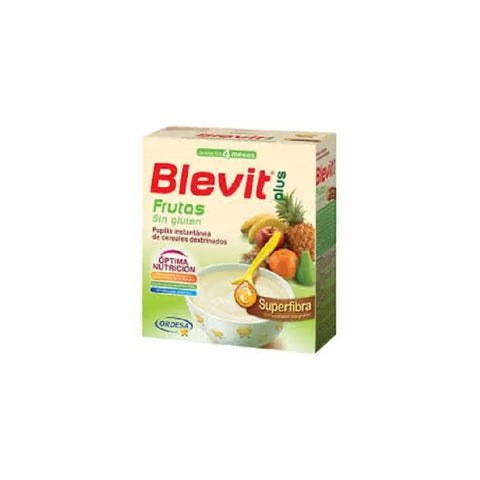Ordesa Blevit Papilla Plus Fruit gluten-free baby porridge with Superfiber, displayed in a bowl with fruits on a white background.