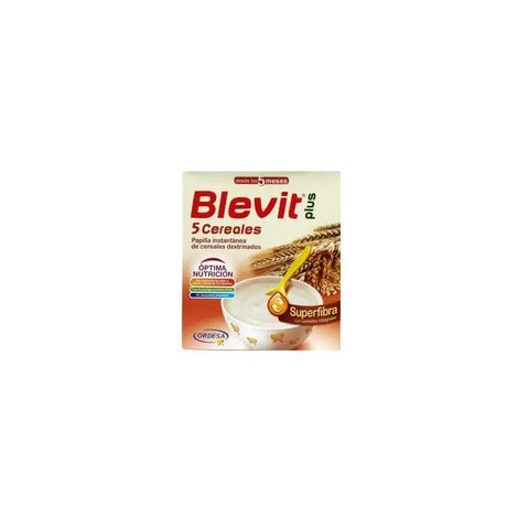 Ordesa Blevit Papilla Plus Superfiber 5 Cereals baby food jar with 600g label, featuring colorful cereal illustrations.