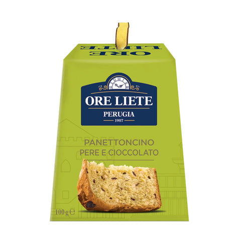 Mini Ore Liete panettone by Jag Couture London with pear and chocolate chips in a gift box, VAT free, elegant packaging.