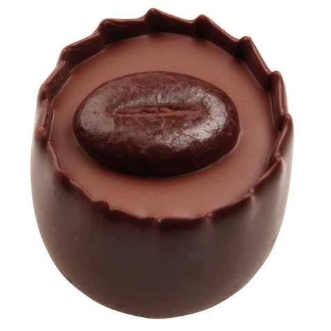 Dark chocolate coffee praline cup from Fadila by Jag Couture London New York, showing a rich, glossy chocolate treat with coffee filling.