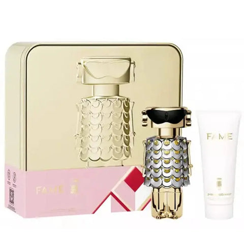 Paco Rabanne Fame Eau De Perfume spray 80ml in festive Christmas set, featuring elegant packaging and perfume bottle.
