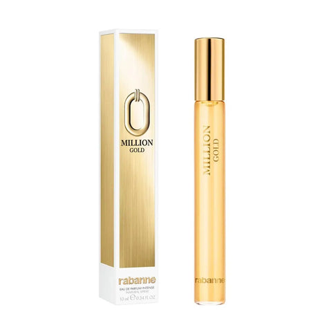 Paco Rabanne Million Gold Eau De Parfum Intense 10ml spray with gold accents, compact luxury fragrance from Jag Couture London.