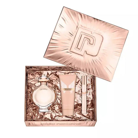 Paco Rabanne Olympéa perfume spray set with three 80ml bottles, featuring elegant packaging and modern fragrance design.