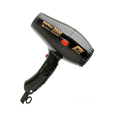 Black Parlux 3500 Supercompact ceramic ionic hair dryer with a sleek design, featuring dual voltage for travel.