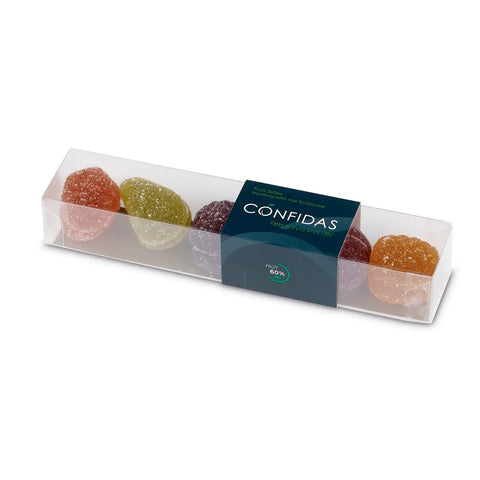 Assorted Pates de Fruits finger box by Jag Couture London featuring strawberry, pear, blackcurrant, pineapple, cherry, lemon, and plum.