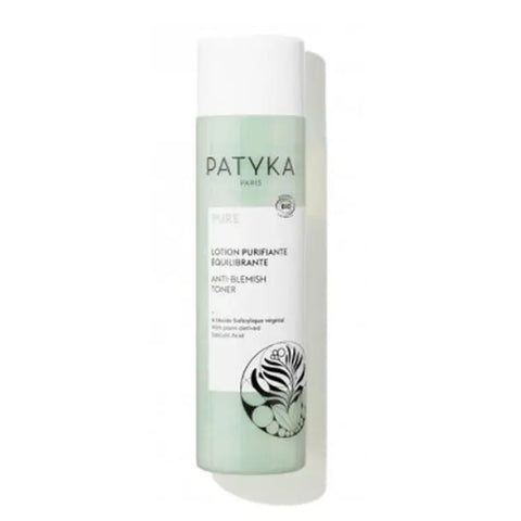 Patyka Paris purifying and balancing lotion 200ml bottle with pump, featuring sleek design, on a white background.