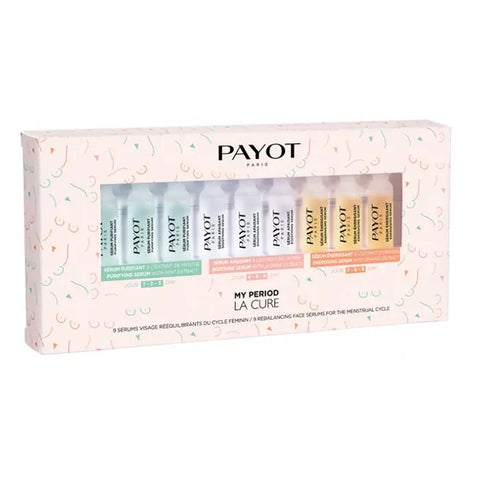 Payot My Period La Cure skincare set with nine 1.5ml vials, featuring treatment ampoules from Jag Couture London New York.