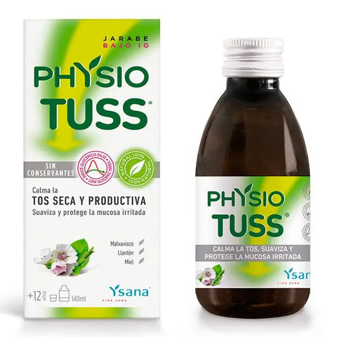 Physiotuss low glycaemic index syrup in 140ml bottle by Jag Couture London New York, showing the clear syrup in a glass bottle