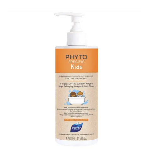 Phyto Specific Kids detangling shampoo and shower gel in a 400ml bottle, featuring colorful packaging with playful design elements.