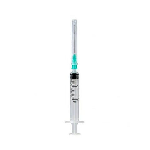 Jag Couture London-New York 5cc syringe with 40/8 gauge needle, stainless steel and plastic construction for medical use.