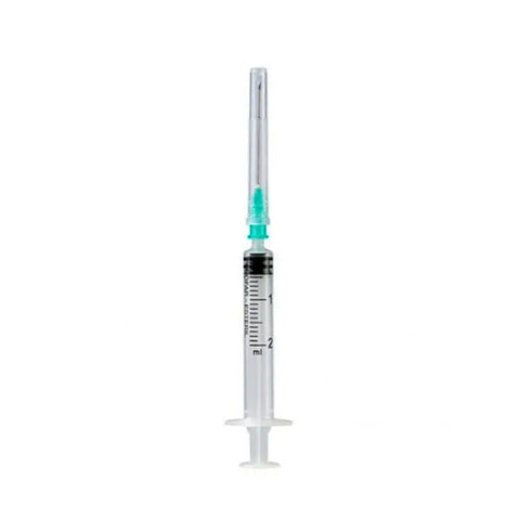 5cc syringe with 40/8 gauge needle by Jag Couture London New York, shown with clear plastic barrel and metal needle.