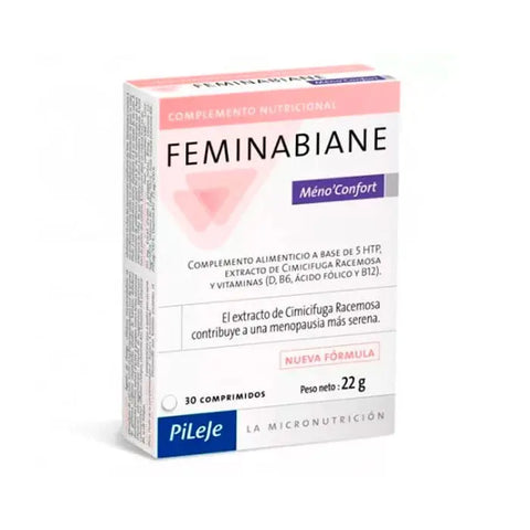 Pileje Feminabiane Meno Confort 30 tablets in a blister pack, showing the supplement's packaging and branding.