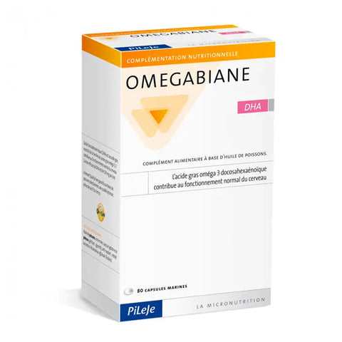 Pileje Omegabiane DHA 80 capsules supplement by Jag Couture London and New York, showing the softgel capsules in the bottle.