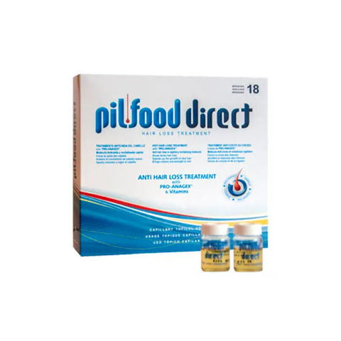 Pilfood Direct Anti-Hair Loss 18 ampoules from Jag Couture London and New York, featuring a box of hair loss treatment ampoules.