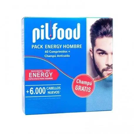 Pilfood Energy men's shampoo in a 60-capsule bottle, designed to boost energy and hair health by Jag Couture London New York.