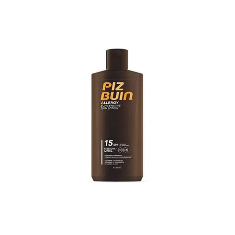 Piz Buin Allergy Lotion SPF 15 200ml bottle with a white and blue label, designed for sensitive skin, by Jag Couture London New York.