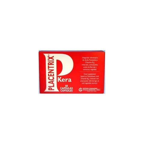 Placentrix Kera 60 capsules by Jag Couture London New York, showing the supplement bottle with label and capsules inside.