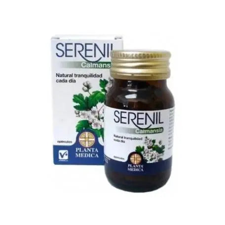 Planta Medica Aboca Serenil Calmansia supplement capsules in a bottle, with label showing product details and branding.