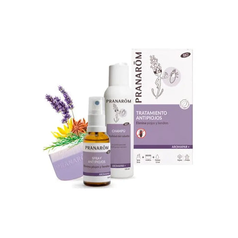 Pranarom Aromapar+ anti-lice shampoo 125ml, anti-lice spray 30ml, and nit comb for lice treatment by Jag Couture London.