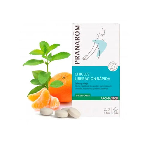 Pranarom Aromastop quick-release chewing gum pack with 24 pieces, displayed in a sleek packaging.