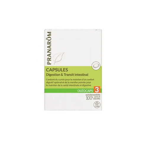 Pranarom Oleocaps 3 Digestion Transit herbal capsules in a bottle, designed to support digestion and transit health.