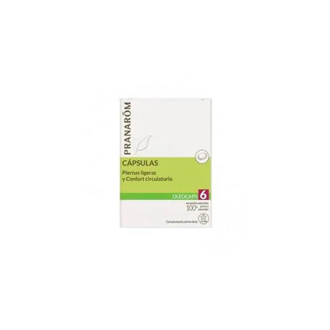 Pranarôm Science Oléocaps 6 Light Legs & Circulatory Comfort supplement capsules in a clear container.