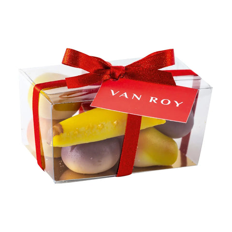 Assorted premium Lübecker marzipan fruits in a cello ballotin with a ribbon, by Jag Couture London - New York.