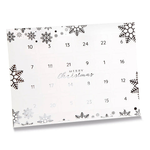 White snowflake design advent calendar by Jag Couture London with 24 chocolate compartments, 192x32.5x252mm.