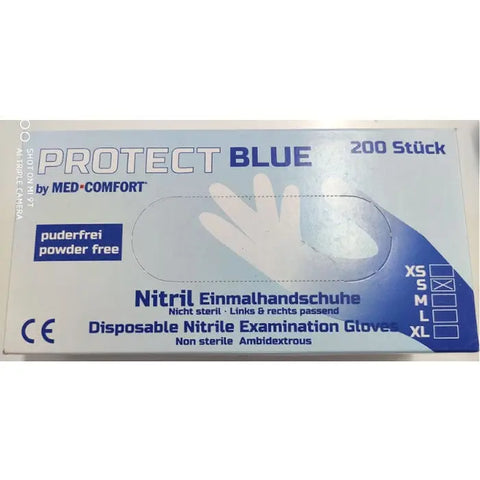 Blue nitrile gloves in size S by Jag Couture London - New York, 200-pack, durable and protective for medical or cleaning use.
