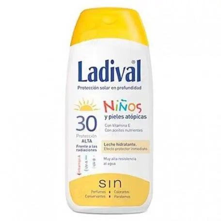 Child's sunscreen protector Ladival SPF30 lotion in a 200ml bottle, suitable for kids, with brand branding visible.