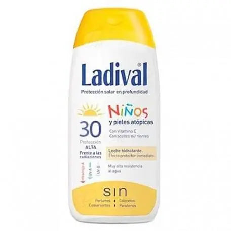 Baby sunscreen protector with SPF 30 in a 200ml bottle, Ladival brand, suitable for children's sensitive skin.
