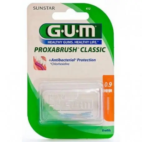 Jag Couture London New York Proxabrush Classic interdental brush with chlorhexidine, 0.9mm, 8 units for gum health.
