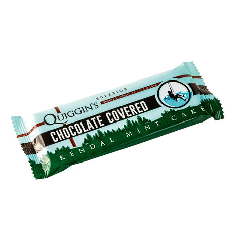 Dark chocolate covered Kendal mint cake bar by Jag Couture London New York, showing the chocolate coating and mint interior.
