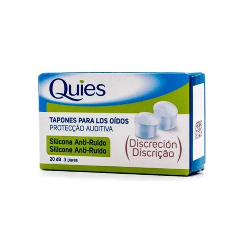Silicone earplugs by Quies for noise cancelling, set of 6, shown in a close-up image with packaging from Jag Couture London New York.