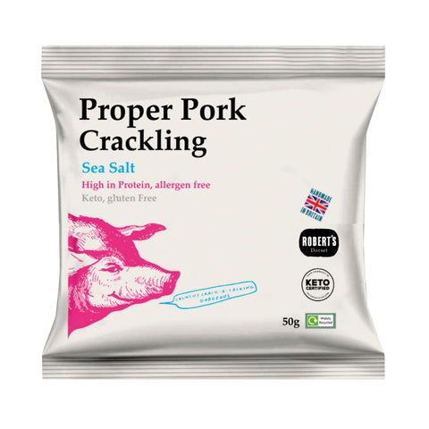 Jag Couture London sea salt flavored pork crackling, crispy snack with seasoned pork crackling pieces.