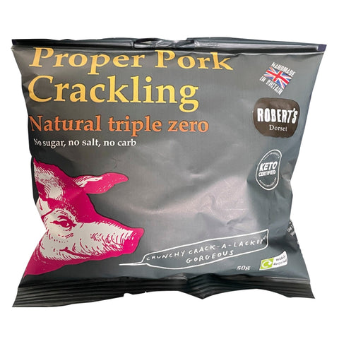 Natural Proper Pork Crackling by Jag Couture London - New York, close-up of crispy, seasoned pork crackling pieces on a white background.