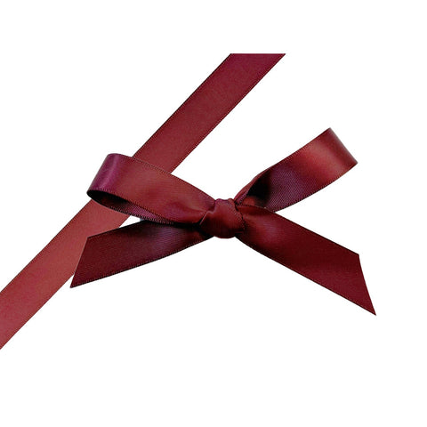 Burgundy single-faced satin ribbon by Jag Couture London New York, shown flat with smooth, shiny surface for gift wrapping or crafts.