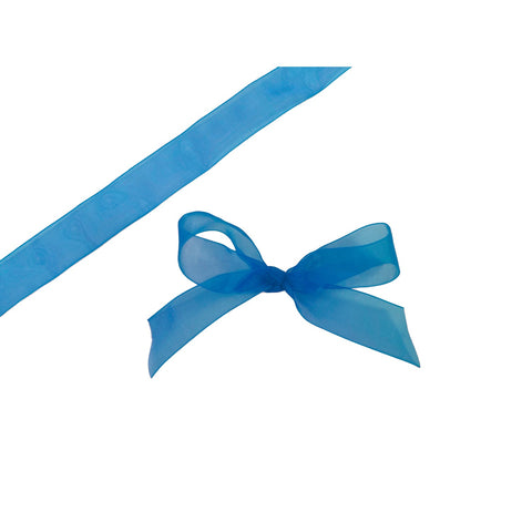 Turquoise organza woven edge ribbon by Jag Couture London New York, showcasing delicate sheer fabric with woven edging detail.