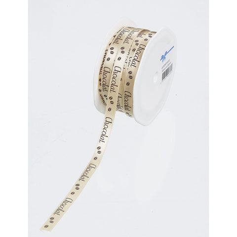 Deep ivory satin woven edge ribbon with Chocolat printed design, single faced, by Jag Couture London - New York.