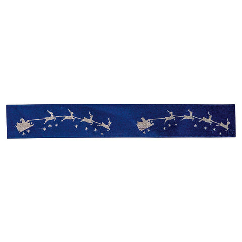 Midnight blue satin ribbon with Santa on sleigh design by Jag Couture London New York, single faced decorative ribbon for gift wrapping