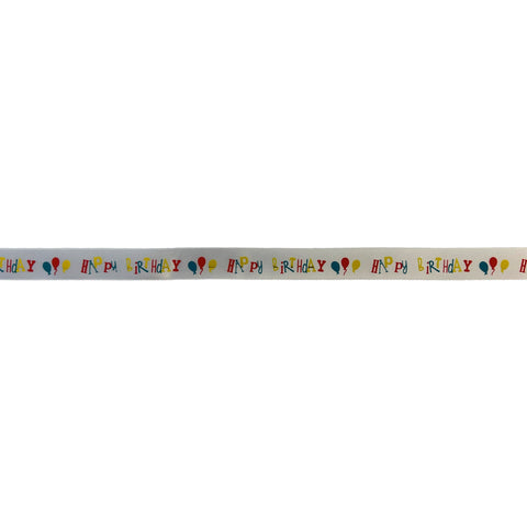 White ribbon with printed "Happy Birthday" balloons by Jag Couture London - New York, featuring colorful balloon illustrations.