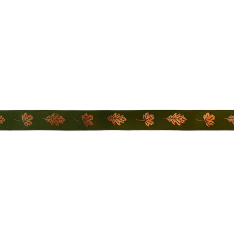 Forest green single-faced satin ribbon with bronze autumn leaves, by Jag Couture London New York, shown in close-up detail.