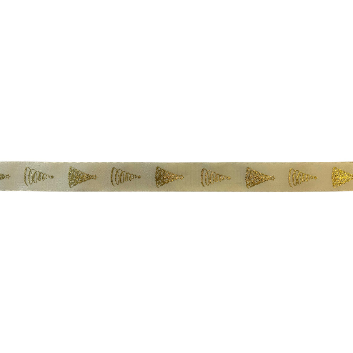 Cream single faced satin ribbon with gold Christmas trees