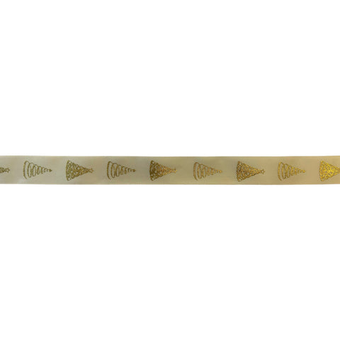 Cream single-faced satin ribbon with gold Christmas tree pattern, ideal for holiday gift wrapping or festive decorations.