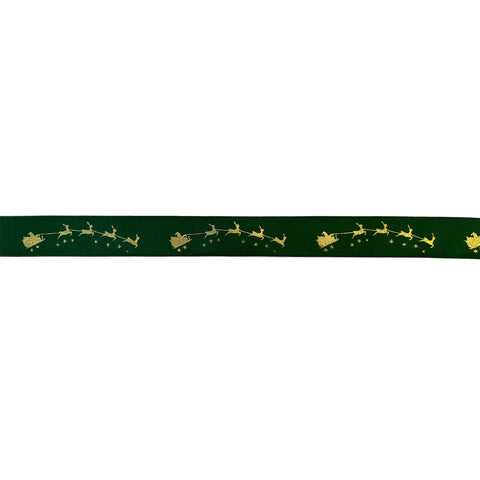 Green satin ribbon with gold Santa on sleigh, winter-themed single-faced decoration by Jag Couture London - New York.